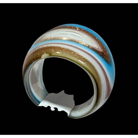 Lampwork Glass White Blue And Gold Tone Ring Size 7 - Picture 3 of 9